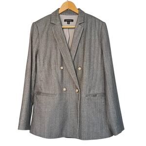 Ann Taylor Long Double Breasted Blazer Suit Jacket Grey Black Herringbone Sz 14